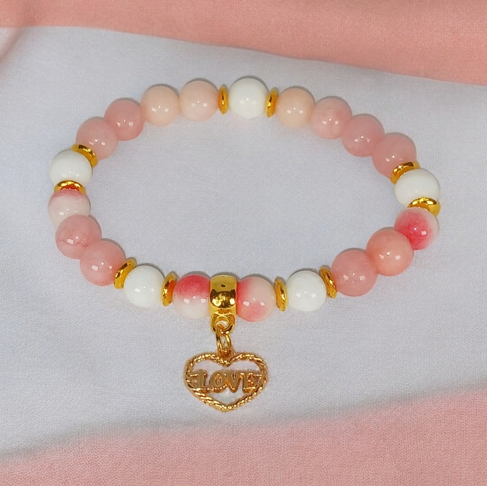 White Jade Pink Morganite Bracelet with Heart charm Coquette Y2k 2000s Soft Girl